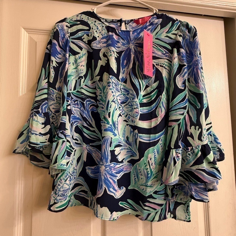 Lilly Pulitzer Blouse Womens XXS Navy Blue Floral Ruffle Sleeve Keyhole Top NWT